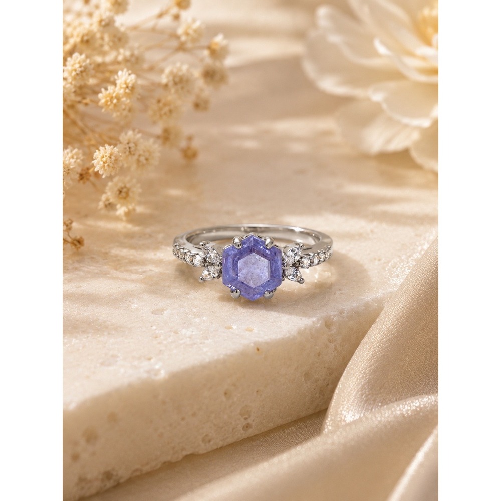 Bomb Party Make It Count Lavender Fluorite Hexagon Ring Rhodium Plated Size 8